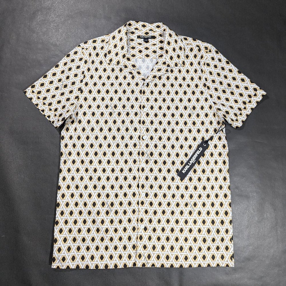 Karl Lagerfeld Paris Geometric Print Classic Fit Button Down Camp Shirt Size M
